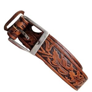 VTG Western Tooled Leather‎ Belt Mens Tapered Oak Leaf Natural 43x1 Cowboy